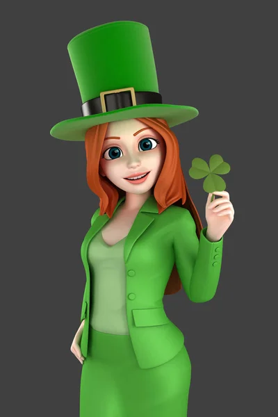 Render Woman Wearing Leprechaun Hat Holding Shamrock — Stock Photo, Image