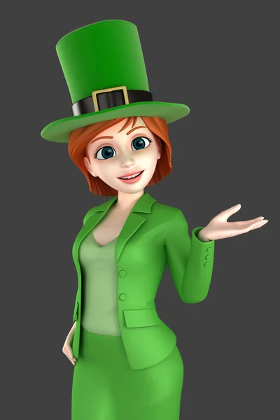 Rendering Una Donna Che Indossa Cappello Leprecauno Che Presenta Qualcosa — Foto Stock