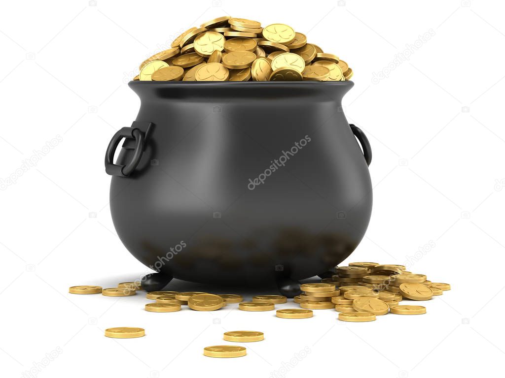 3d render of black pot full of gold coins