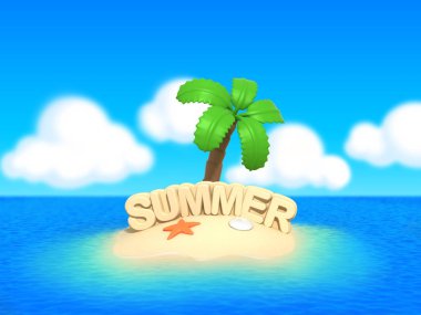 şemsiye ve Hindistan cevizi ağacı ile şirin bir ada 3D render