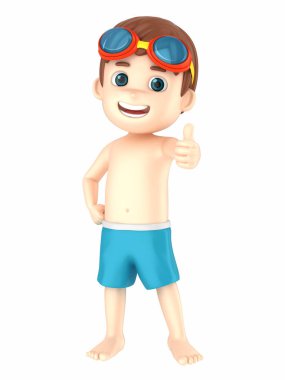 Mayo ve başparmak yukarıya işareti gösteren gözlük takan bir çocuğun 3D render