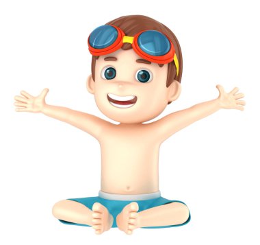 bir çocuk giyiyor mayo ve gözlük oturmuş ve geniş açık silah 3D render