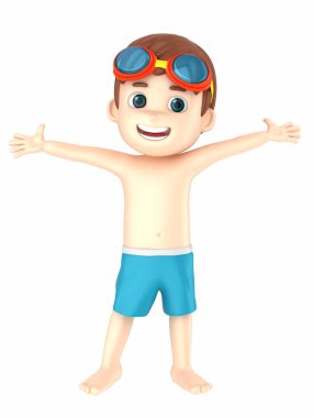 Mayo ve gözlük silah geniş açık giyen bir çocuk 3D render