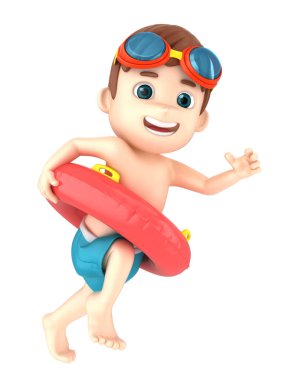 Mayo ve gözlük bir flatör tutarak çalışan giyen bir çocuk 3D render