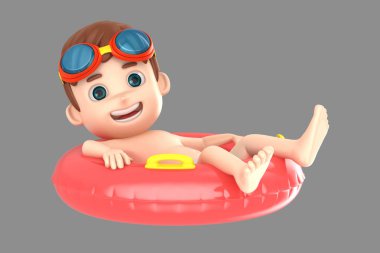 Mayo ve gözlük bir flatör üstünde tepe-in rahatlatıcı giyen bir çocuk 3D render