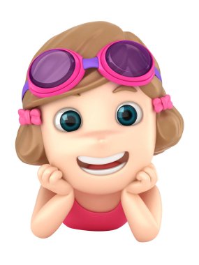 Mayo ve yerde yatarken gözlük takan bir çocuğun 3D render