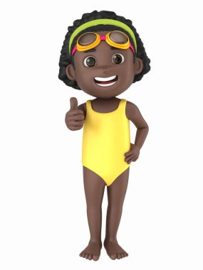 Mayo ve başparmak yukarıya işareti gösteren gözlük takan bir çocuğun 3D render