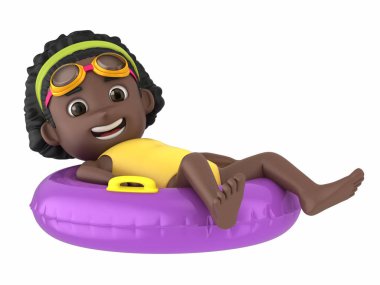 Mayo ve gözlük bir flatör üstünde tepe-in rahatlatıcı giyen bir çocuk 3D render