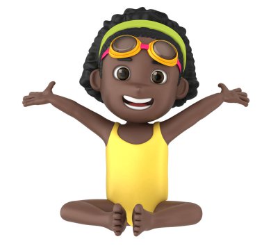 bir çocuk giyiyor mayo ve gözlük oturmuş ve geniş açık silah 3D render