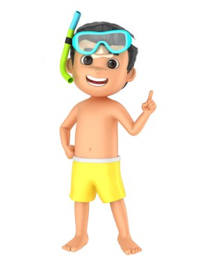 Mayo ve yukarı dönük gözlüğü takan bir çocuğun 3D render