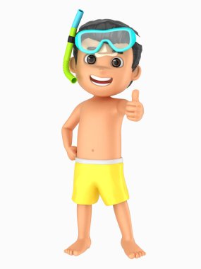 Mayo ve başparmak yukarıya işareti gösteren gözlük takan bir çocuğun 3D render