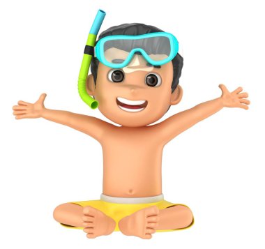 bir çocuk giyiyor mayo ve gözlük oturmuş ve geniş açık silah 3D render