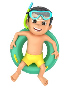 Mayo ve gözlük bir flatör üstünde tepe-in rahatlatıcı giyen bir çocuk 3D render