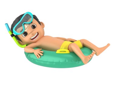 Mayo ve gözlük bir flatör üstünde tepe-in rahatlatıcı giyen bir çocuk 3D render