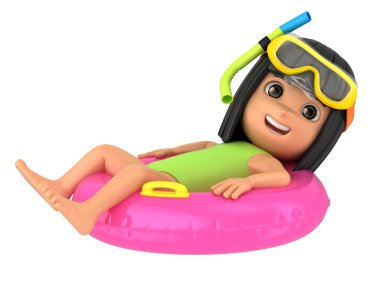 Mayo ve gözlük bir flatör üstünde tepe-in rahatlatıcı giyen bir çocuk 3D render