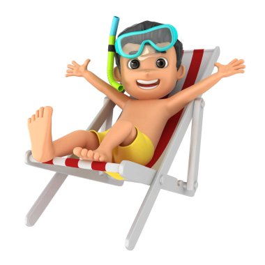 Mayo ve bir şemsiye üzerinde oturan gözlük takan bir çocuğun 3D render