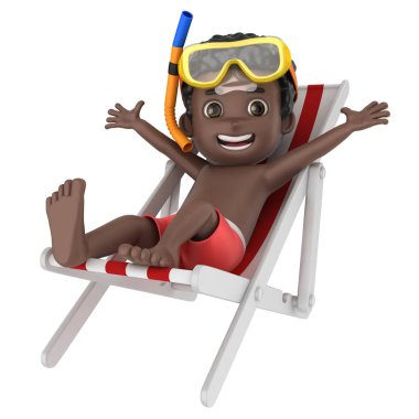 Mayo ve bir şemsiye üzerinde oturan gözlük takan bir çocuğun 3D render