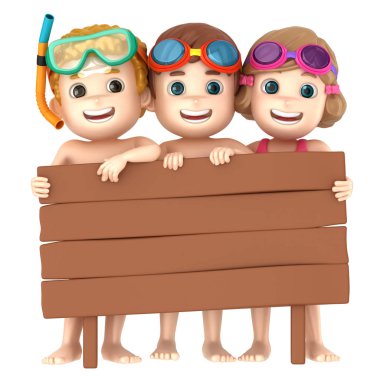 Mayo ve gözlük bir ahşap Pano ile giyen bir çocuk 3D render