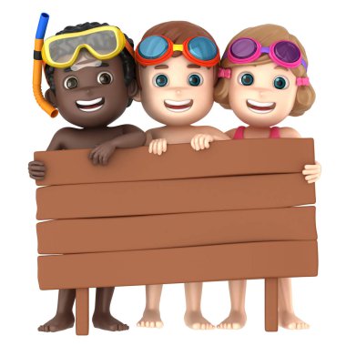 Mayo ve gözlük bir ahşap Pano ile giyen bir çocuk 3D render