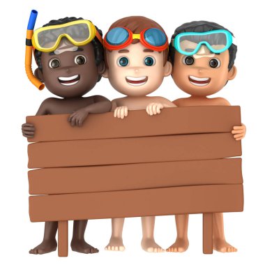 Mayo ve gözlük bir ahşap Pano ile giyen bir çocuk 3D render