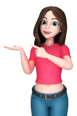 Genç bir kadın bir şey sunan 3D render