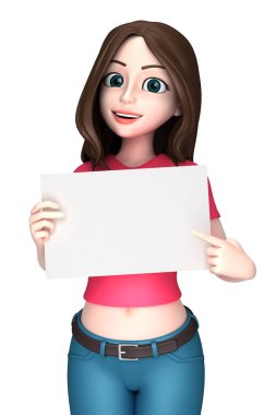 boş bir beyaz tahta tutan genç bir kadının 3D render