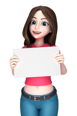 boş bir beyaz tahta tutan genç bir kadının 3D render