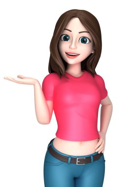 Genç bir kadın bir şey sunan 3D render