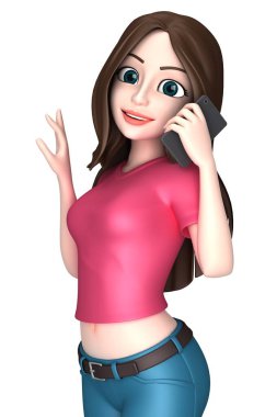 Genç bir kadın bir şey temizliğini telefon tutarak sunan 3D render