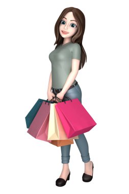 3D render bir alışveriş torbaları tutan genç bir kadın kız