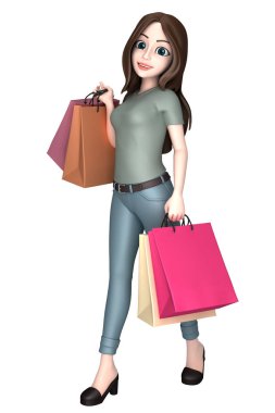 3D render bir alışveriş torbaları tutan genç bir kadın kız