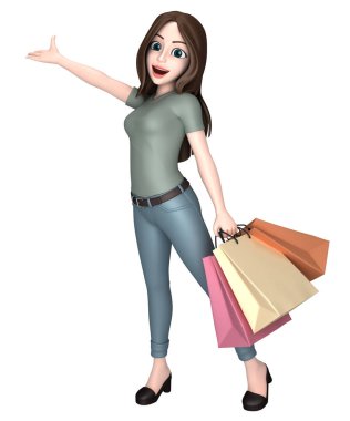 bir şeyler sunan bir alışveriş torbaları tutan genç bir kadın kız 3D render