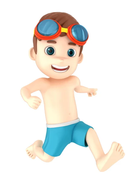 一个穿着泳装和护目镜跑步的孩子的渲染 — 图库照片