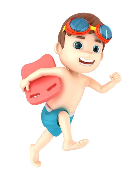 呈现一个孩子穿着泳装和护目镜运行手持浮子 — 图库照片