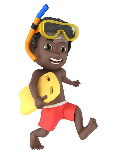 渲染一个孩子穿着泳装和护目镜跑与漂浮 — 图库照片