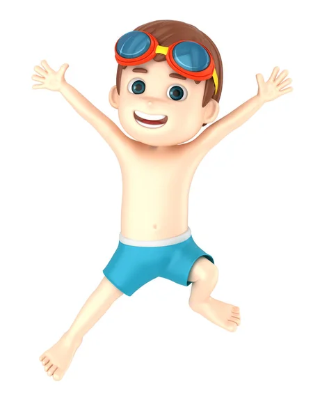 一个穿着泳装和护目镜跳跃的孩子的渲染 — 图库照片