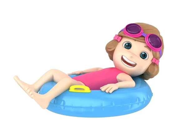 渲染一个孩子穿着泳装和护目镜在漂浮的顶部放松 — 图库照片