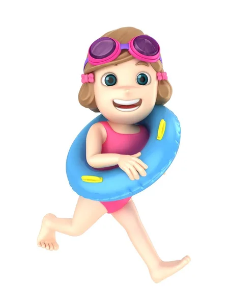 Render Kid Wearing Swimsuit Goggles Running Floater — Stock Photo, Image