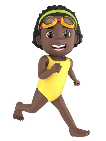 一个穿着泳装和护目镜跑步的孩子的渲染 — 图库照片