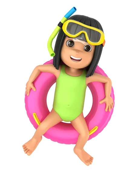 渲染一个孩子穿着泳装和护目镜在漂浮的顶部放松 — 图库照片