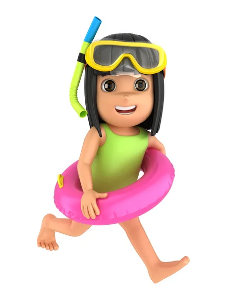 渲染一个孩子穿着泳装和护目镜跑与漂浮 — 图库照片