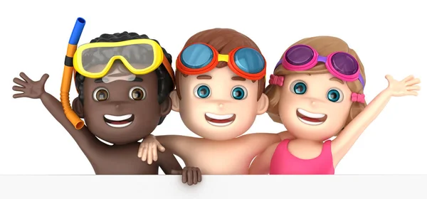 Render Kids Wearing Swimsuit Goggles Blank Board — Stock Photo, Image