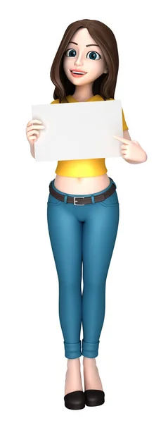 Render Young Woman Holding Blank White Board — Stock Photo, Image