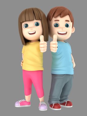 sevimli küçük kız ve erkek işareti Yaşasın gösterilen 3D çizimi