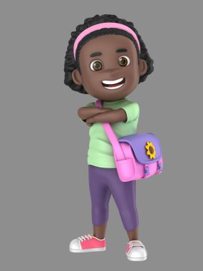 şirin Afro-Amerikan küçük kız kendinden emin ve gurur giyen poşet 3D illustraion