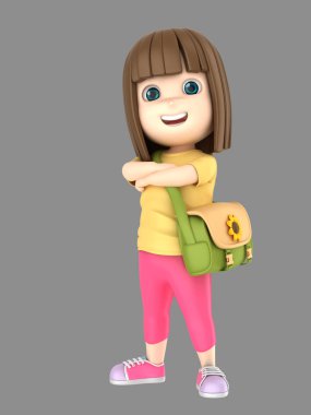 sevimli küçük kız kendinden emin ve gurur giyen poşet 3D illustraion