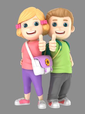 3D render tatlı bir sarışın küçük erkek ve kız çanta giyen işareti Yaşasın gösterilen