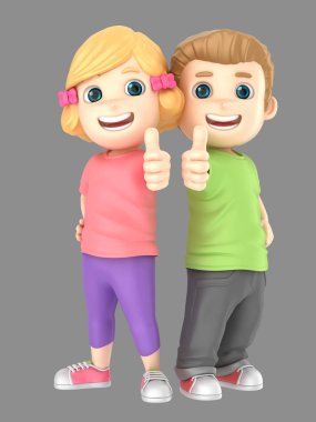 3D çizimi tatlı bir sarışın küçük erkek ve kız işareti Yaşasın gösterilen