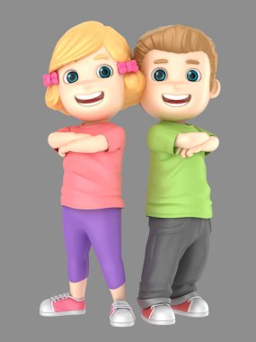 Sevimli sarışın 3D illustraion küçük erkek ve kız kendinden emin ve gurur