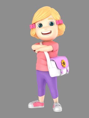 Sevimli sarışın küçük kız kendinden emin ve gurur giyen poşet 3D illustraion
